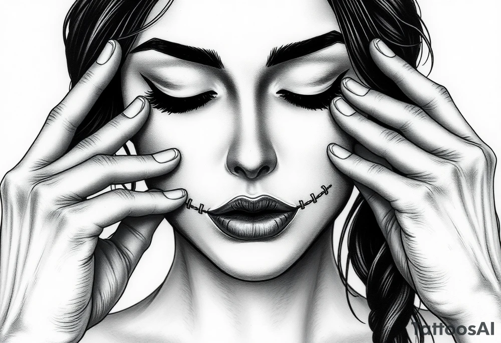Black and grey realism tattoo design of a beautiful woman's face. Both her eyes  closed  (see no evil), her lips are stiched shit like sown with needle and thread like nightmare befire christmas (speak no evil). With her right hand covering her right ear and the left covering  Her left ear The style is black and grey realism, hyper-realistic, dark, and evil. Incorporate ninja gear elements and mechanical details (gears) subtly into the background or clothing for a gear ninja evil look. Design for a full forearm sleeve placement tattoo idea