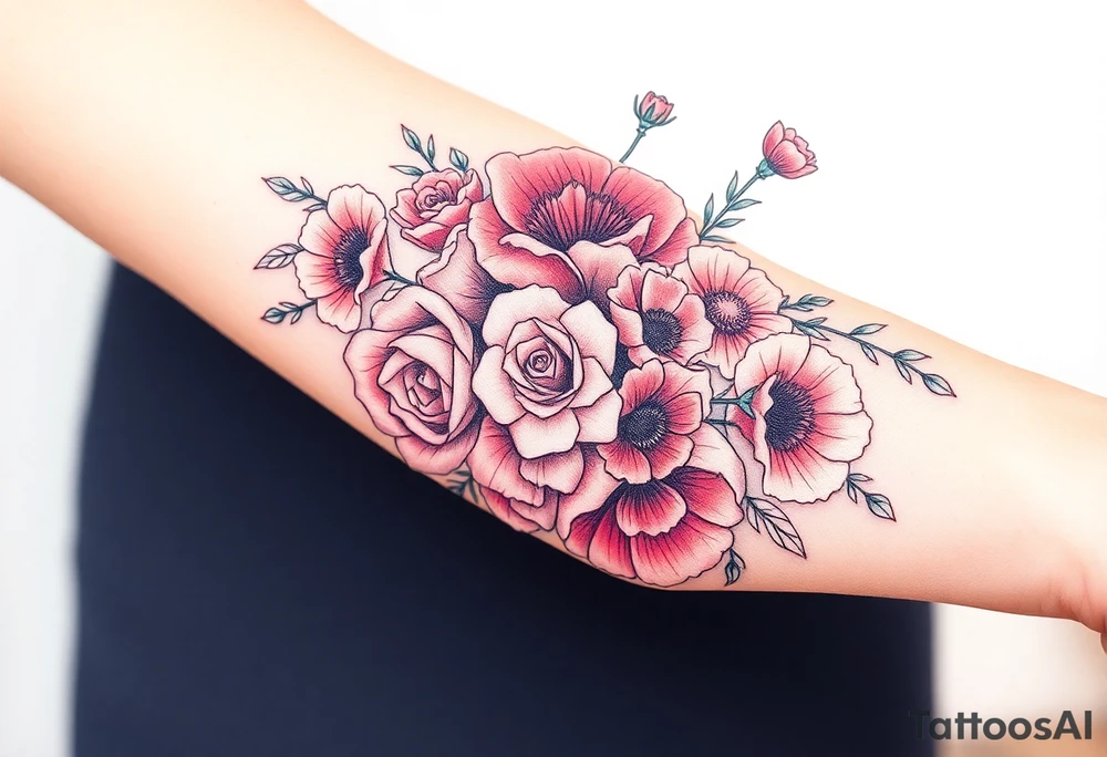 Bouquet of roses, carnations, marigolds and poppies tattoo idea