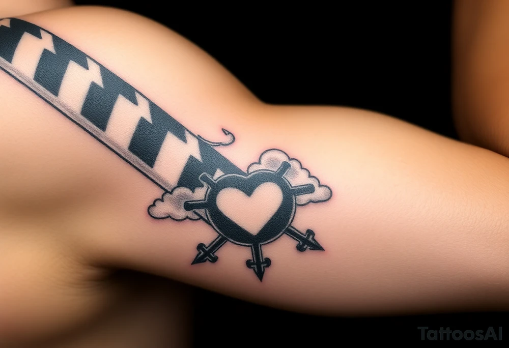 Caution tape with clouds around it, with chrome heart crosses logo African American tattoo idea