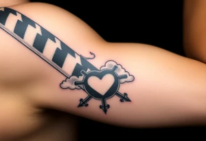 Caution tape with clouds around it, with chrome heart crosses logo African American tattoo idea
