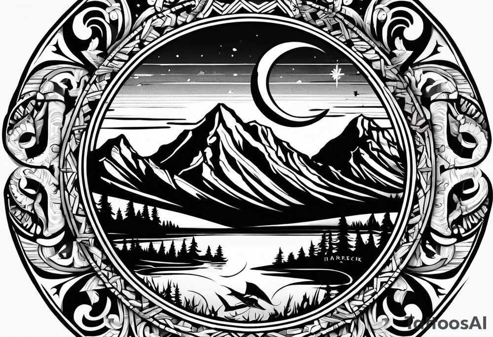 The word "HARK" as a banner with a mountain, a carabiner, compass, and a lake in a circular design tattoo idea