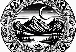 The word "HARK" as a banner with a mountain, a carabiner, compass, and a lake in a circular design tattoo idea