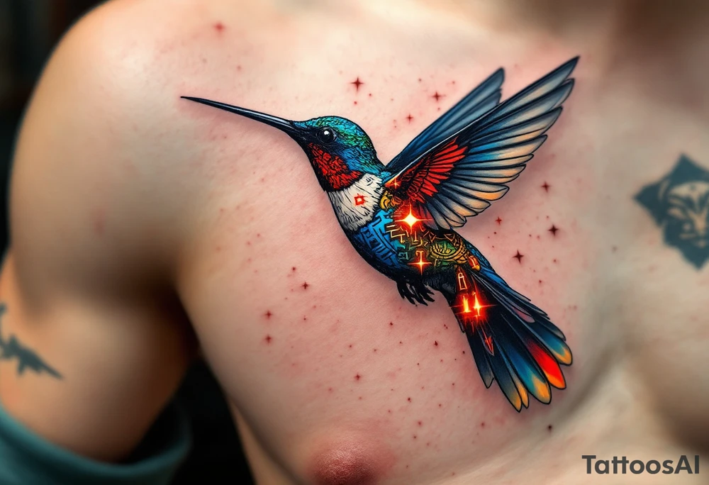 A hummingbird leaving a trail of glowing hieroglyphs as it flies(only red, blue and black are possible colors) tattoo idea