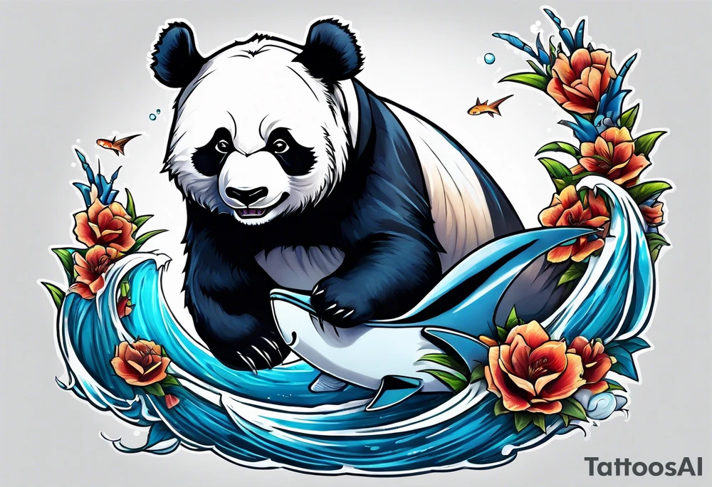 panda riding a shark tattoo idea