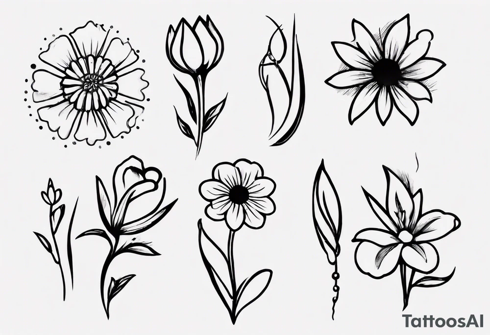 5 flower simple tattoo that has 1 October flower, 1 may flower, 1 July flower, 1 January flower, and 1 September flower tattoo idea
