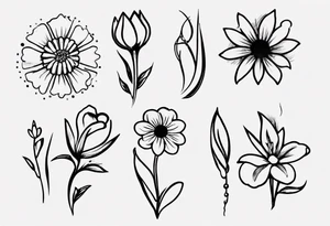 5 flower simple tattoo that has 1 October flower, 1 may flower, 1 July flower, 1 January flower, and 1 September flower tattoo idea