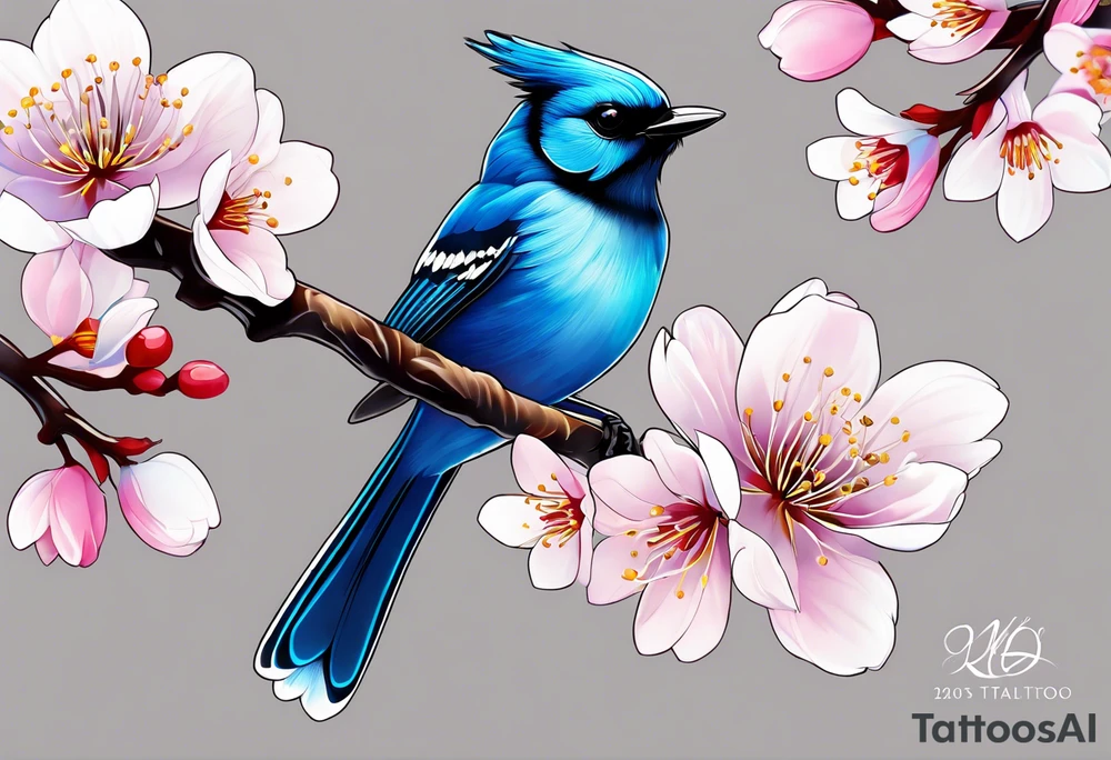Stellar’s Jay bird on cherry blossoms tattoo for arm tattoo idea