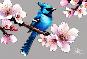 Stellar’s Jay bird on cherry blossoms tattoo for arm tattoo idea