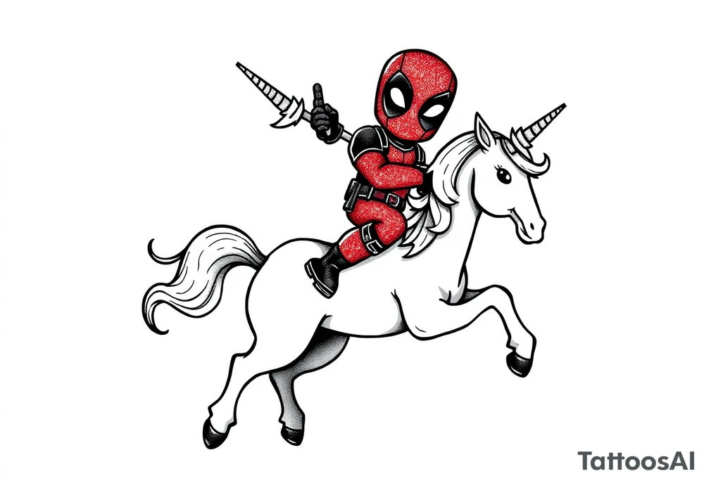 Silly glittery Deadpool riding unicorn tattoo idea