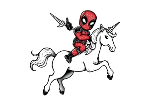 Silly glittery Deadpool riding unicorn tattoo idea