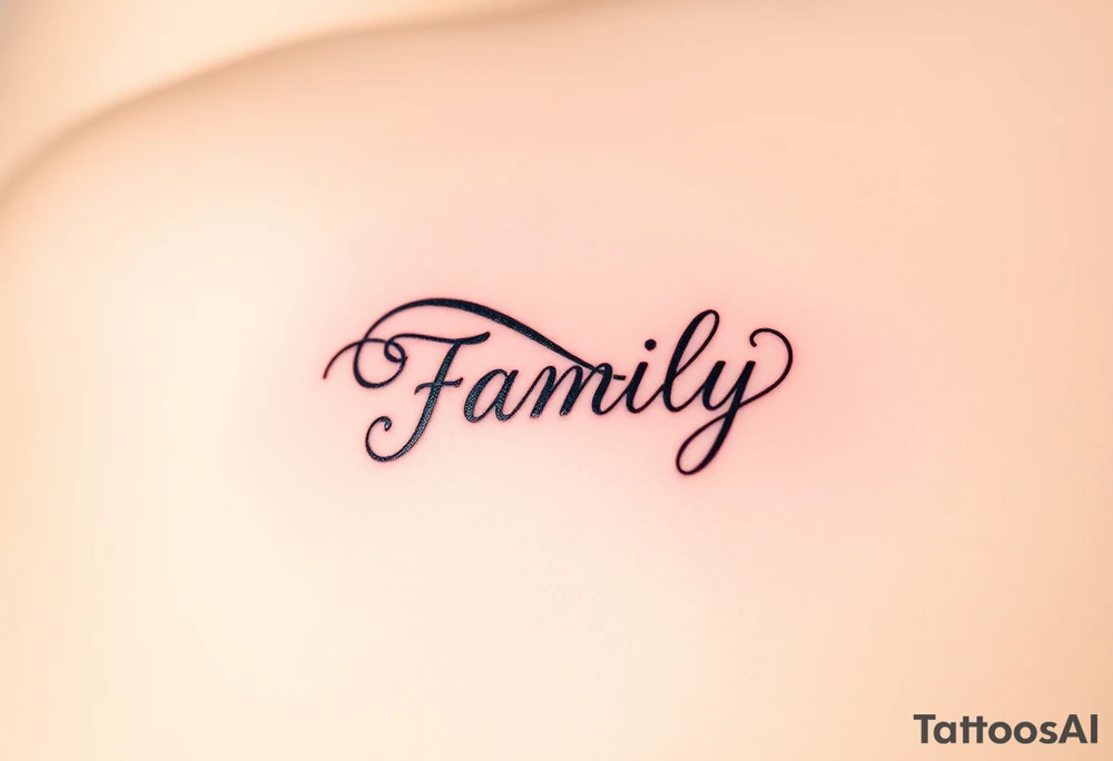 A flowing infinity symbol intertwined with the word "family" written in elegant cursive tattoo idea