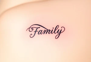 A flowing infinity symbol intertwined with the word "family" written in elegant cursive tattoo idea