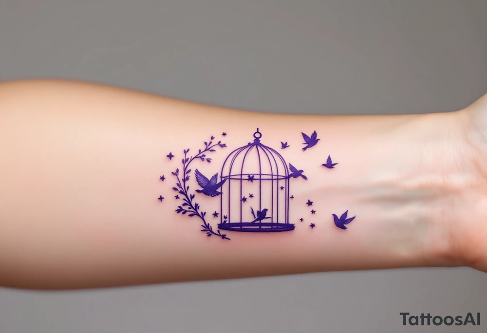 A purple open cage with flying birds illustrates release from mental confinement. tattoo idea
