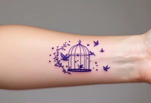 A purple open cage with flying birds illustrates release from mental confinement. tattoo idea