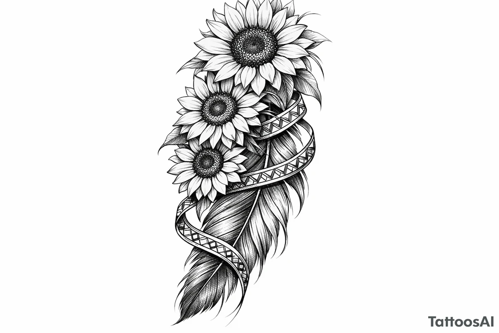 3 cascading Sunflowers on top of an Indian feather all wrapped in Indian ribbon tattoo idea