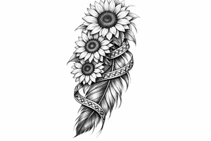 3 cascading Sunflowers on top of an Indian feather all wrapped in Indian ribbon tattoo idea