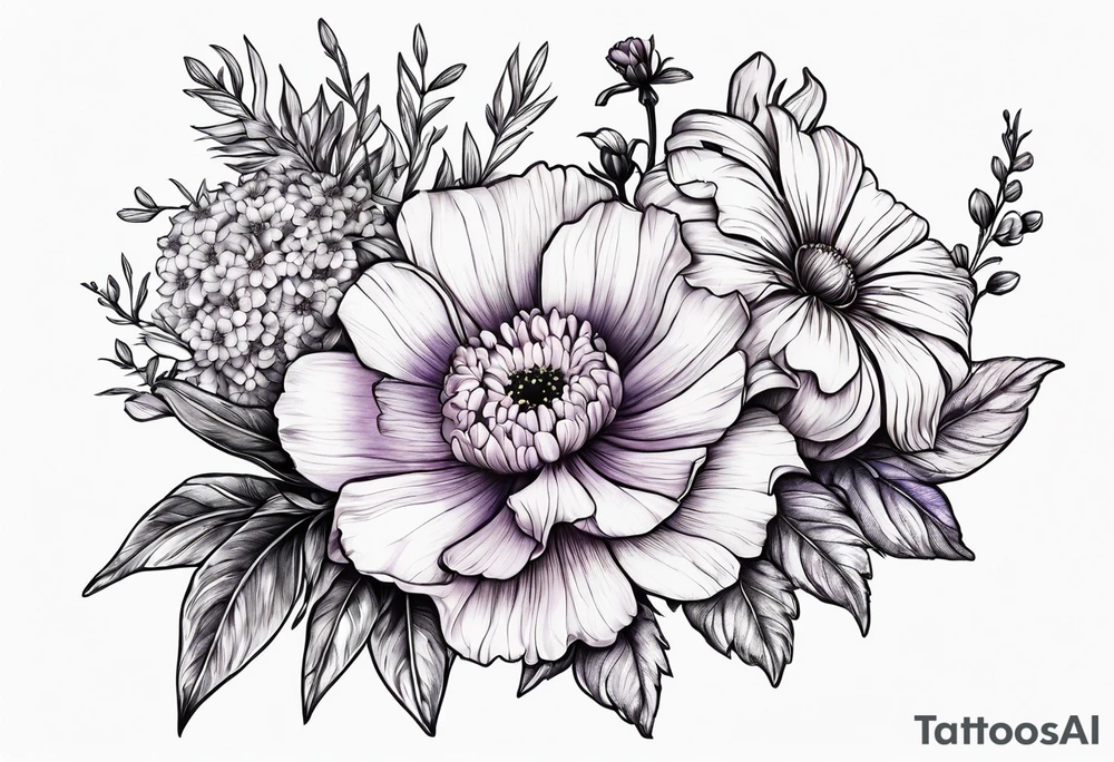 one larkspur, one carnation, one violet and one daisy and tied together with bow tattoo idea
