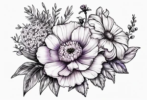 one larkspur, one carnation, one violet and one daisy and tied together with bow tattoo idea