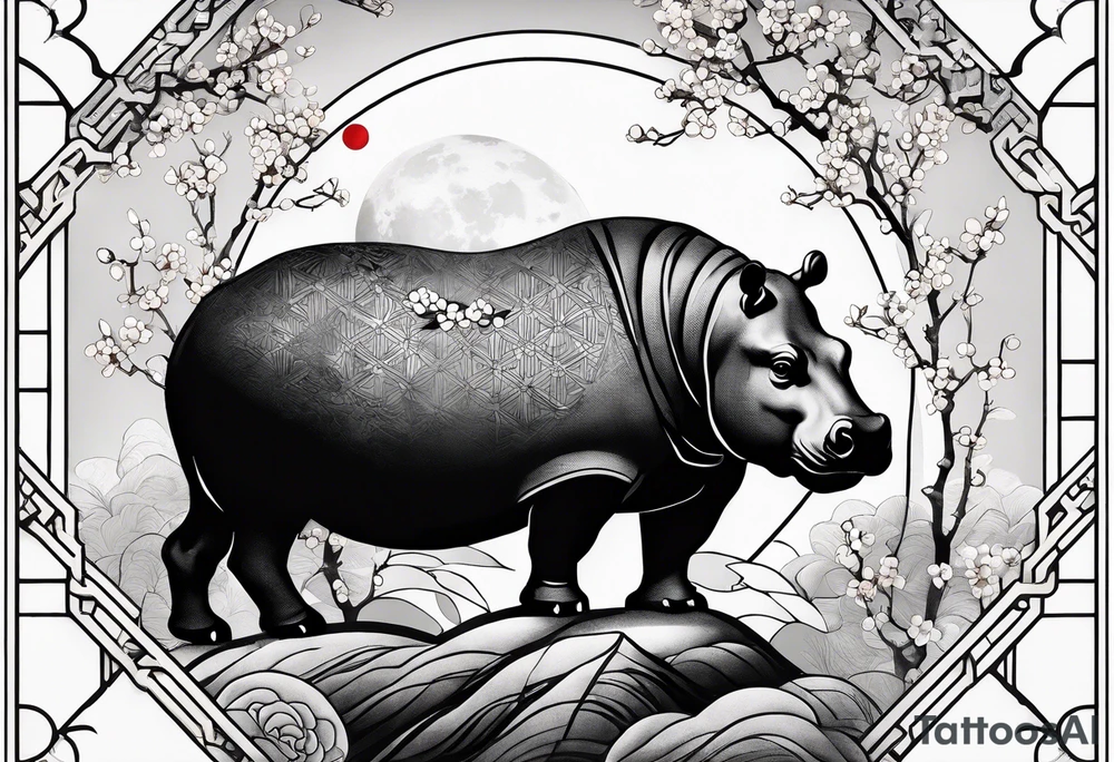 Asymmetrical, geometric, chinese ink art touch, hippo , full moon, wintersweet flower, light , modify from my favourite, ratio 9:16 tattoo idea