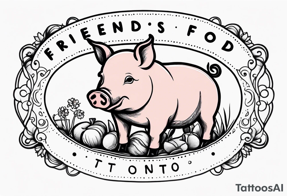 cute pig or piglet.
with text: "friends not food" tattoo idea cute pig or piglet.
with text: "friends not food" tattoo idea