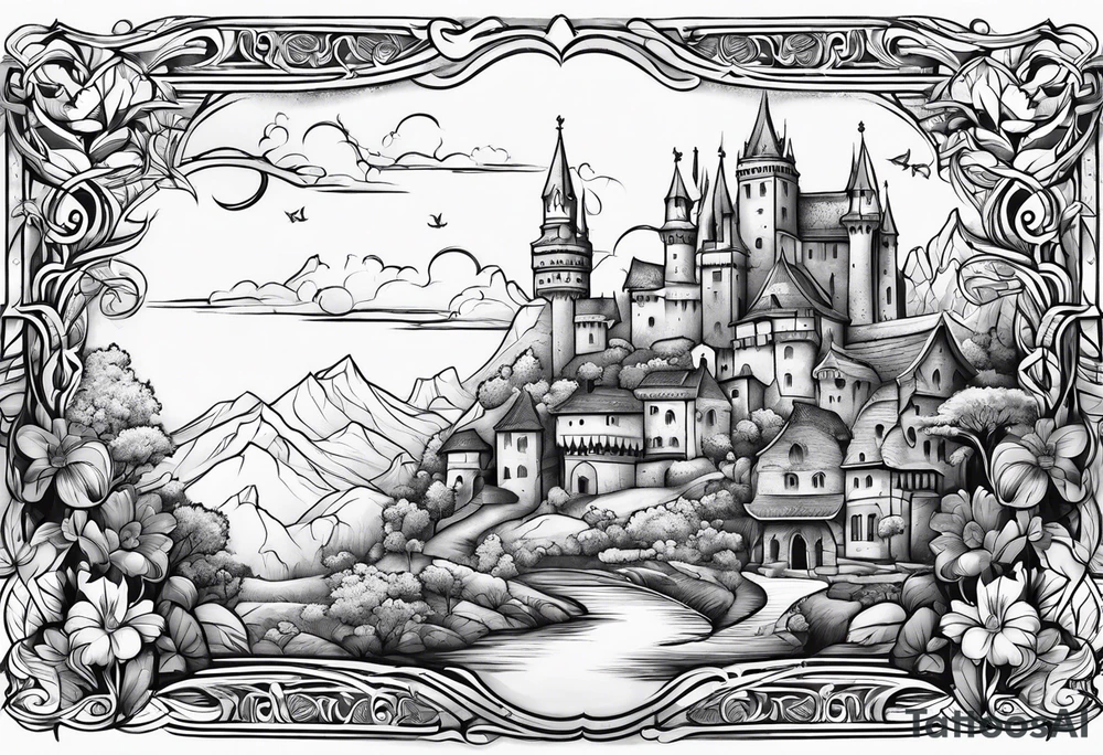 medieval tribal city floral land vignette tattoo idea