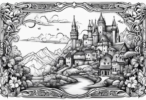 medieval tribal city floral  land  vignette tattoo idea
