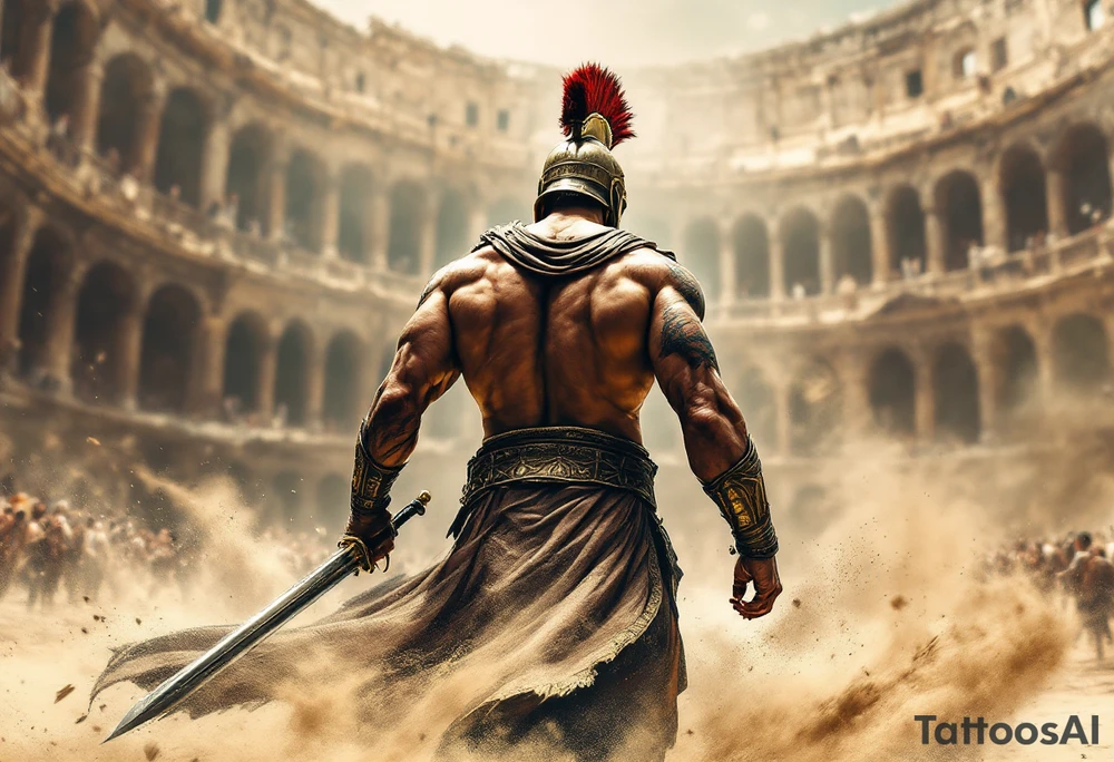 Powerful gladiator roman soldier view back standing full body provocative surrounded in interior colosseum combat sword helmet cape sand wind tattoo idea