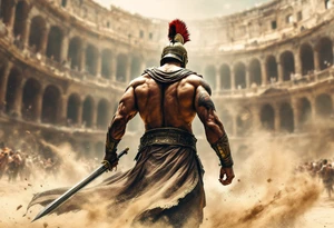 Powerful gladiator roman soldier view back standing full body provocative surrounded in interior colosseum combat sword helmet cape sand wind tattoo idea