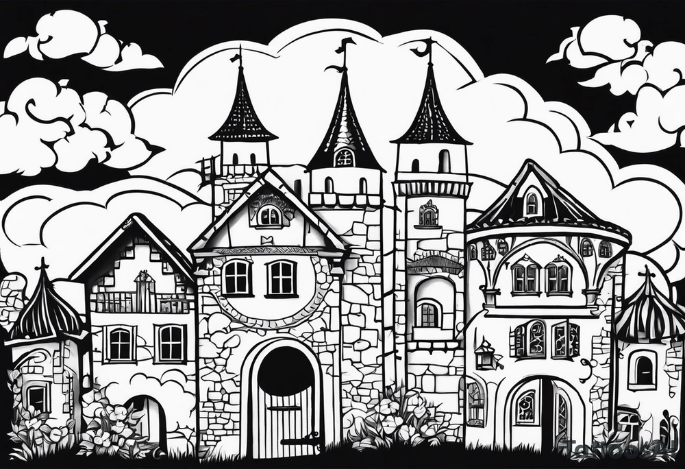 medieval town houses open gate towers garden circle vignette surrounded by clouds tattoo idea
