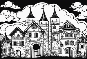 medieval town houses open gate towers garden circle vignette surrounded by clouds tattoo idea