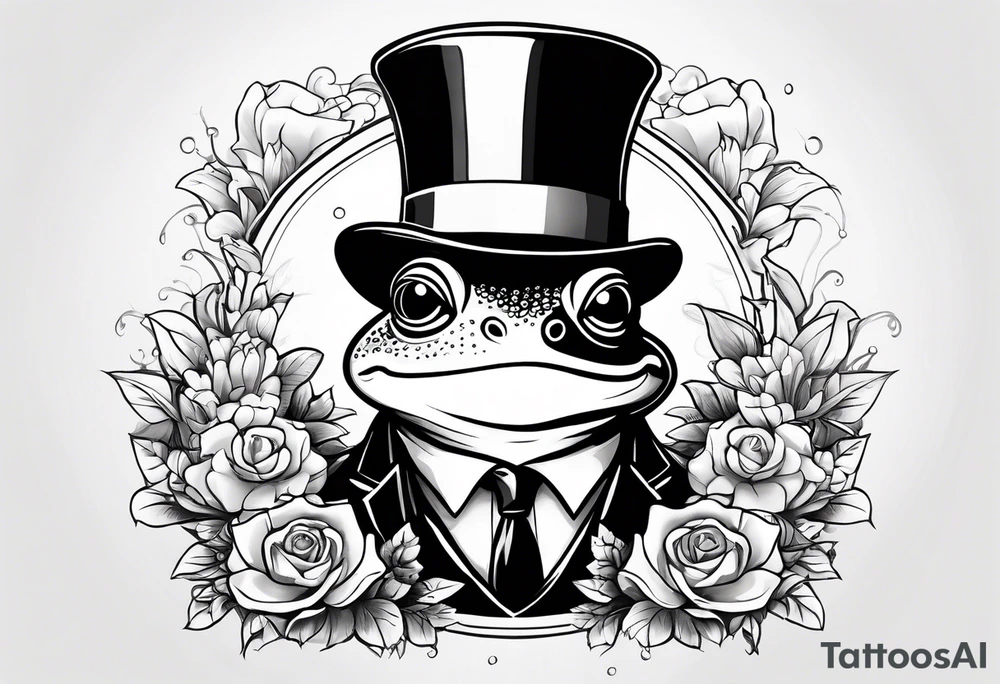 Cute Frog smiling wearing top hat and a suit standing on its Back legs while holding flowers tattoo idea