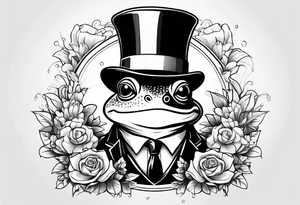Cute Frog smiling wearing top hat and a suit standing on its Back legs while holding flowers tattoo idea