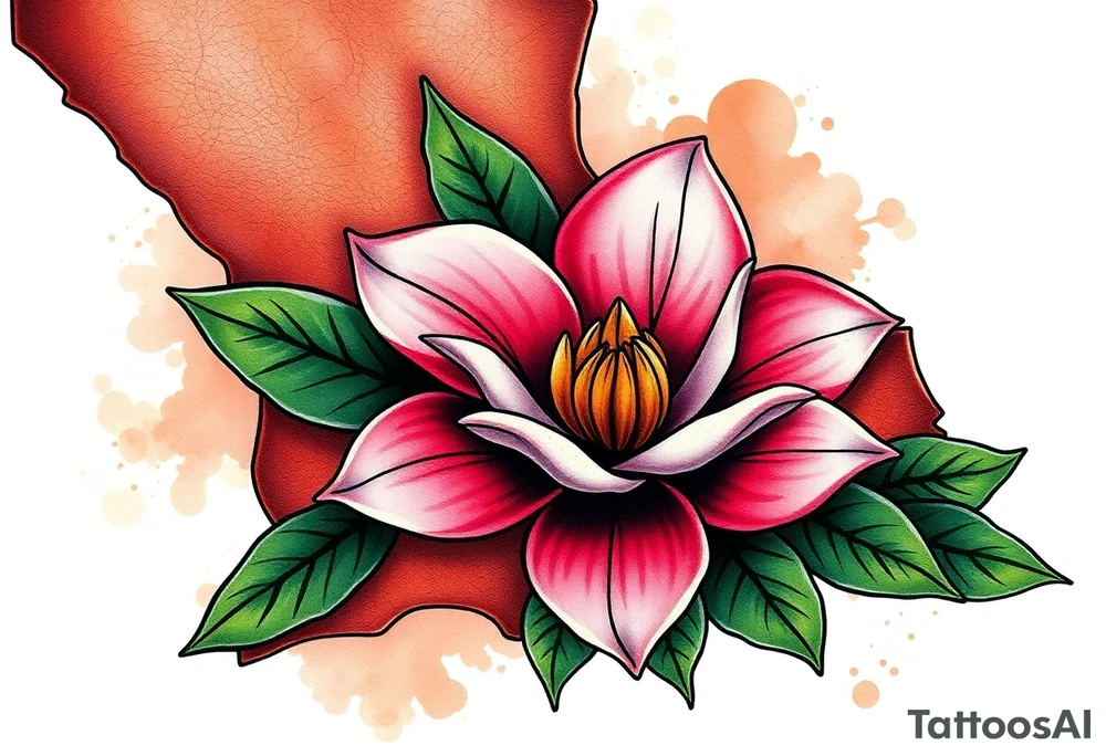 State or louisiana with magnolia flower in tooled leather tattoo idea