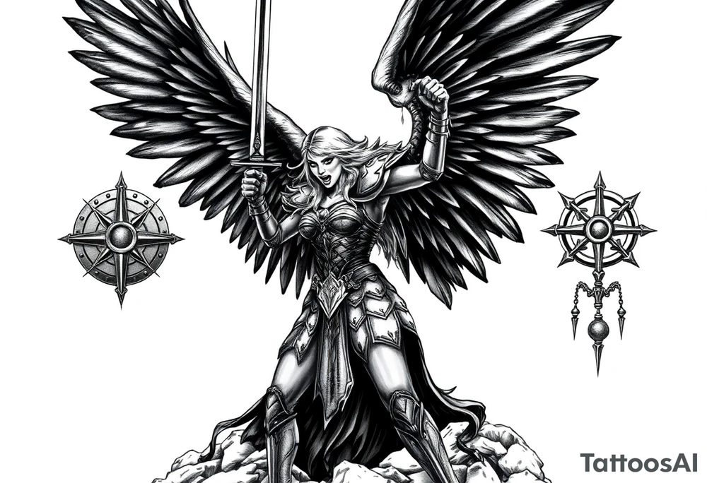 A fierce looking Valkyrie with very big dark wings. The whole body with legs should be visible.
She has armor.
She is standing in a battle ready pose with a sword held high.

She is screaming.

In the background there is a viking shield on the left side and a vegvisir symbol on the right tattoo idea