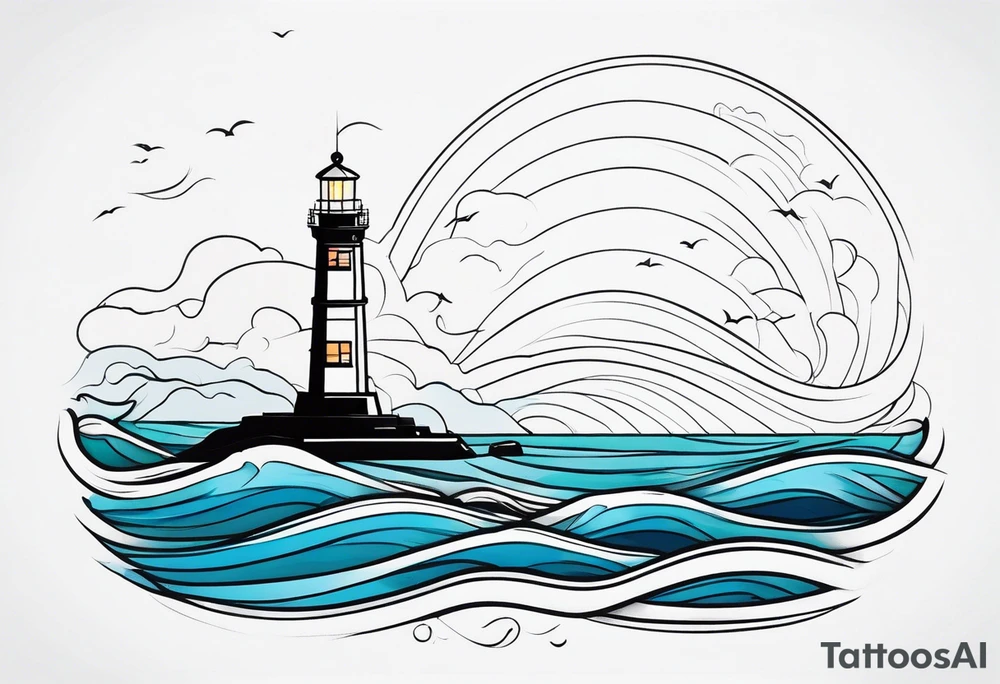 lighthouse at the ocean and waves, VERY minimalist, fine line great colored tattoo idea