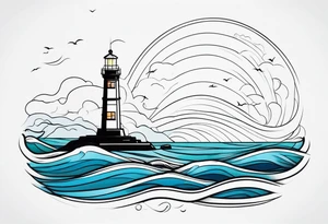 lighthouse at the ocean and waves, VERY minimalist, fine line great colored tattoo idea