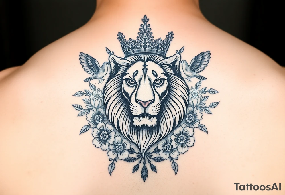 powerful majestic lion with a crown, surrounded by floral ornaments and birds tattoo idea