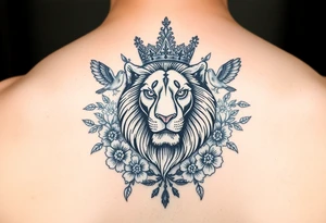 powerful majestic lion with a crown, surrounded by floral ornaments and birds tattoo idea