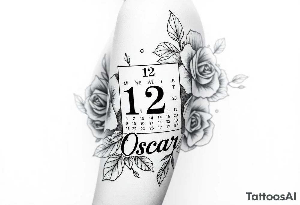 A Calendar showing 12th April with roses and the name oscar tattoo idea