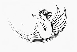 Minimalistic, monochromatic fairy with a tail flying to the left in a fetal position, leaning and looking in the same direction, with visible hands, embodying the 'Fairy Tail' logo aesthetic. tattoo idea