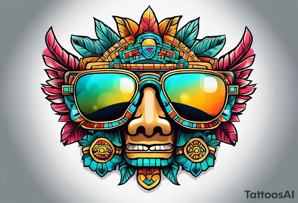 Colorful Mayan hieroglyph with sunglasses reflecting Chichen itza tattoo idea