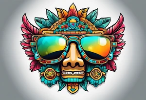 Colorful Mayan hieroglyph with sunglasses reflecting Chichen itza tattoo idea