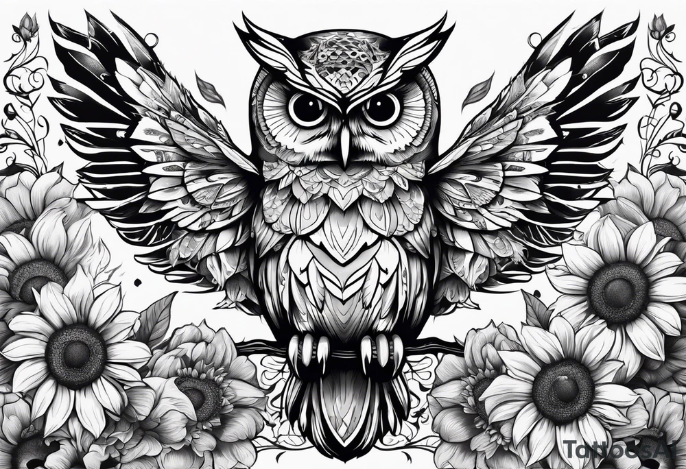 Owl with butterfly body surrounded by sunflowers tattoo idea
