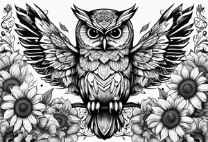 Owl with butterfly body surrounded by sunflowers tattoo idea