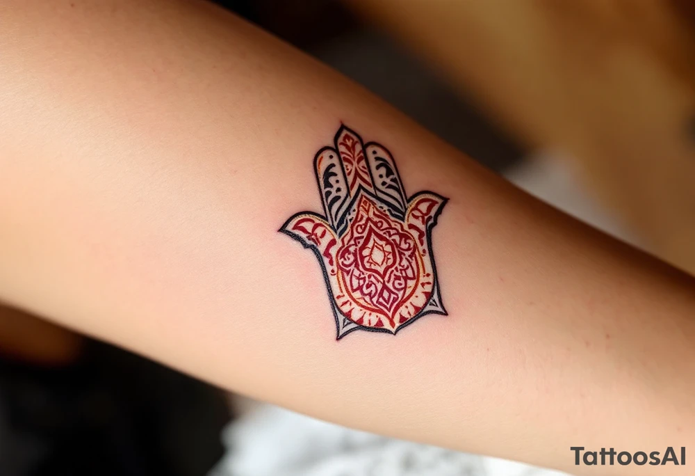 A Moroccan-style Hamsa with intricate arabesque patterns in rich red and gold, reflecting cultural heritage. tattoo idea