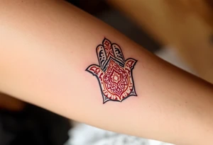 A Moroccan-style Hamsa with intricate arabesque patterns in rich red and gold, reflecting cultural heritage. tattoo idea