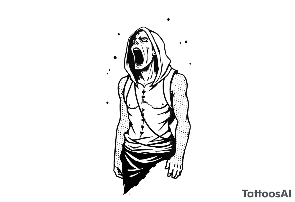 Confusion and pressure in thin lines on screaming solo traveler with no face with his skin ripped left on the path he passed tattoo idea