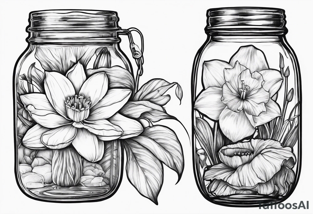 A daffodil a water lily and a morning glory in a mason jar tattoo idea