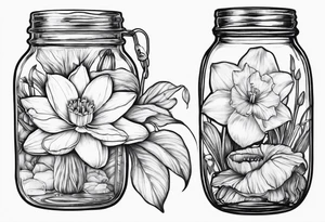 A daffodil a water lily and a morning glory in a mason jar tattoo idea