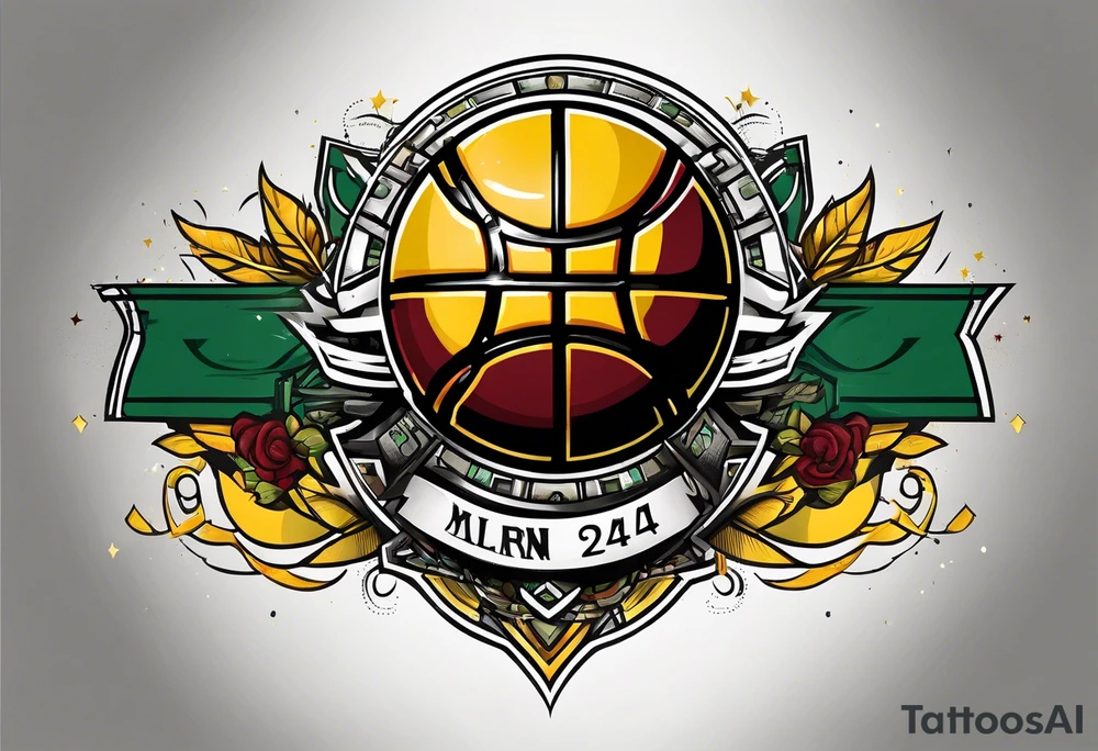 basketball number 24 with colors green, yellow, maroon and black tattoo idea